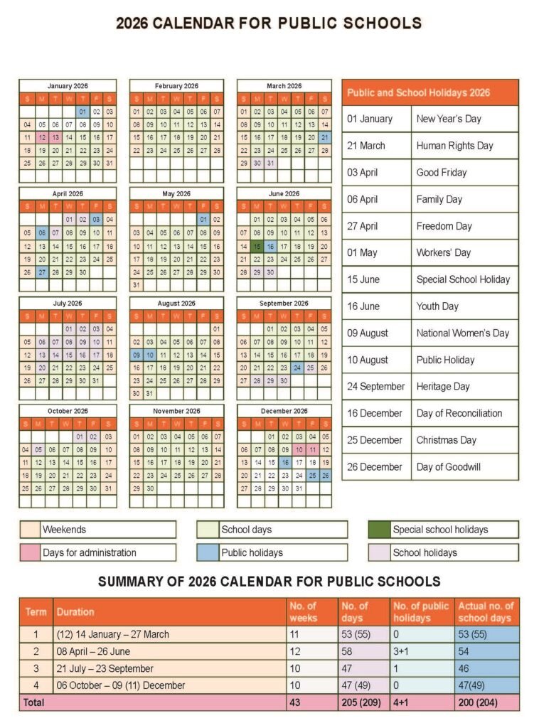 2026 Calendar South Africa With Public Holidays